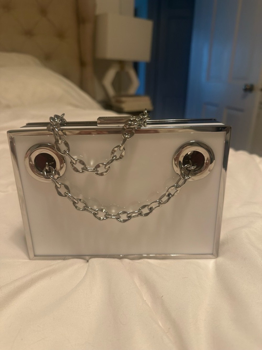 Sondra Roberts Clear Acrylic Box Clutch with Silver Chain Detail. Worn once